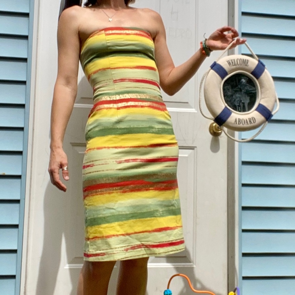 Vintage Moschino Strapless Multicolor yellow gold green ted Stripe midi Dress
